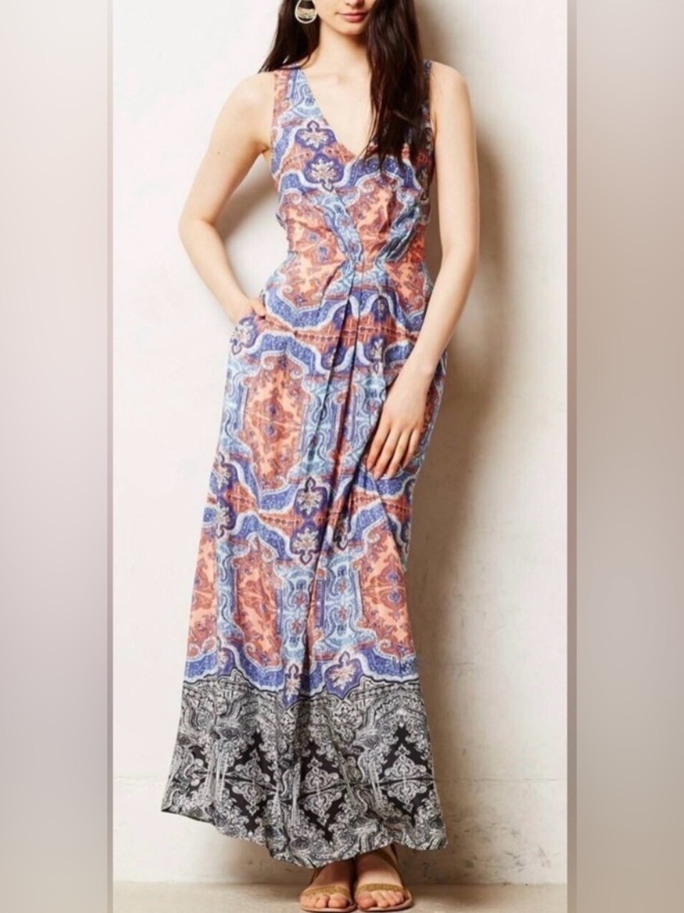 Anthropologie Maeve 100% silk boho whimsy euro, summer mosaic maxi dress